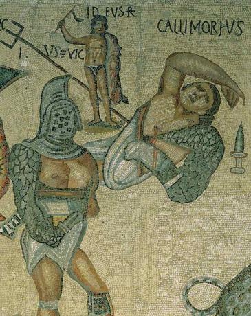 Szczegół mozaiki walczących gladiatorów z Torre Nuova