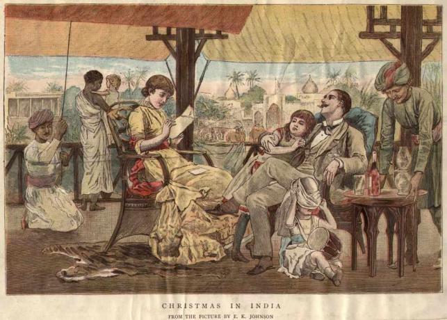 około 1900: Brytyjska rodzina świętuje Boże Narodzenie w Indiach.