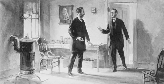 Alexander Graham Bell i Thomas Watson pracujący razem w Bostonie w 1887 roku.