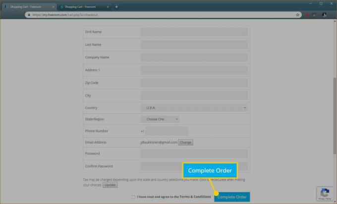 Zrzut ekranu z procesu rejestracji domeny Freenom.