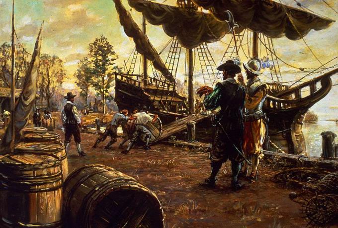 Osadnicy toczą beczki tytoniu po rampie na statek w ramach przygotowań do eksportu, Jamestown, Wirginia, 1615 r.