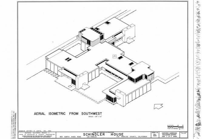 Aerial izometryczny z południowego zachodu narysowany przez Jeffreya B. Lentz w 1969 r., Schindler House z 1922 r. w Los Angeles w Kalifornii