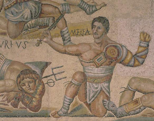 Szczegół mozaiki walki gladiatorów z Torre Nuova