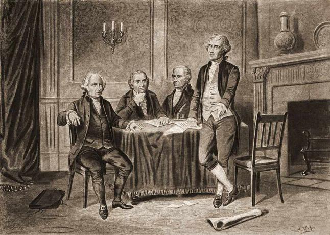 Ilustracja przedstawiająca czterech Ojców Założycieli Stanów Zjednoczonych, od lewej: John Adams, Robert Morris, Alexander Hamilton i Thomas Jefferson, 1774.