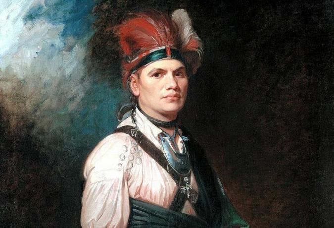 Joseph Brant w indiańskiej sukience z nakryciem głowy