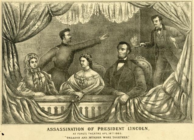 Zabójstwo prezydenta Lincolna w teatrze Forda, 14 kwietnia 1865 r., Jak pokazano na tej litografii przez H.H. Lloyda & Co.