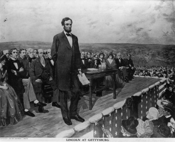 Abraham Lincoln, 16. prezydent Stanów Zjednoczonych Ameryki, wygłasza swoje słynne przemówienie „Gettysburg Address”, 19 listopada 1863.