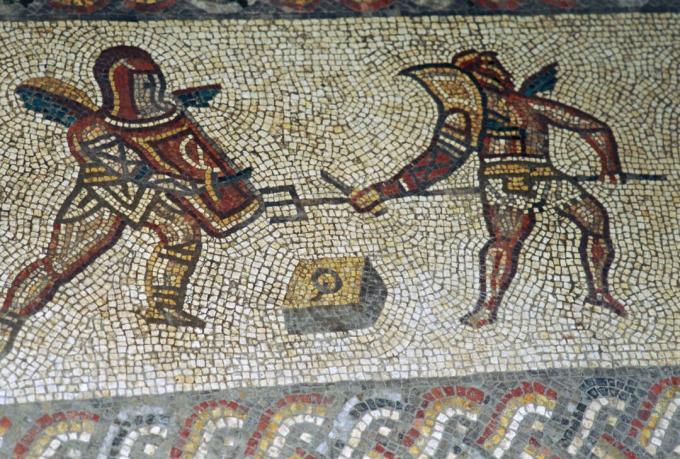 Rzymska mozaika podłogowa gladiatorów, ok. 3 wieku.