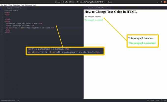 Edytor kodu z kodem HTML i podświetlonymi sekcjami po lewej stronie oraz podglądem HTML i podświetlonymi wynikami po prawej