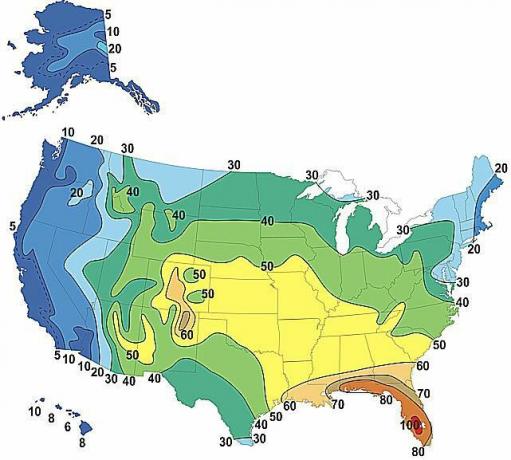 Mapa pokazująca średnią liczbę dni burz w USA każdego roku (2010)