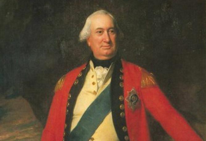 Generał porucznik Charles Cornwallis stoi w czerwonym mundurze armii brytyjskiej.