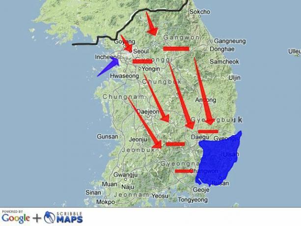 Mapa obwodu Pusan ​​i inwazja na Inchon, wojna koreańska, 1950 r