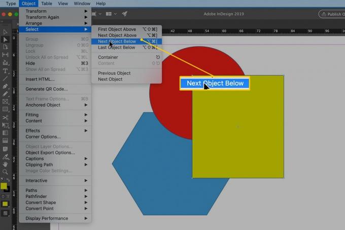 Następny obiekt pod elementem menu w menu Wybierz/Obiekt dla programu Indesign