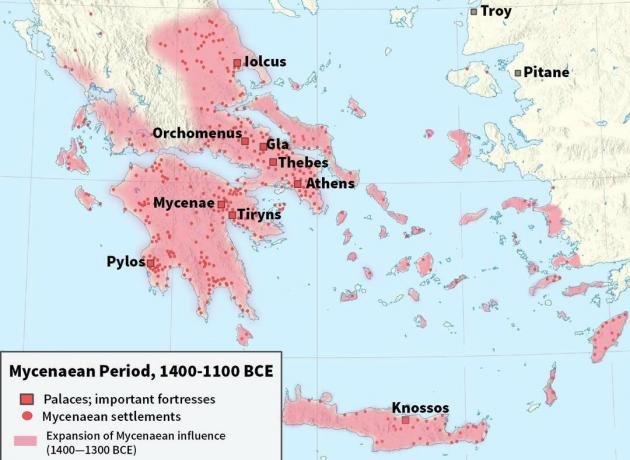 Mapa pokazująca cywilizację Mykenów w latach 1400-1100 pne