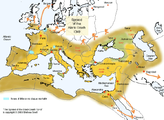 Wolniejszy, ale bardziej przerażający postęp Rozprzestrzenianie się czarnej śmierci, 1349