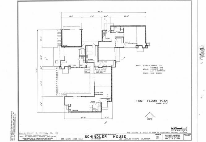 Plan pierwszego piętra Schindlera House z 1922 r. w Los Angeles w Kalifornii, narysowany przez Stanleya A. Zachód, 1969