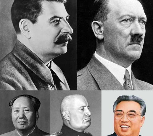 Kolaż przywódców totalitarnych (w każdym rzędzie - od lewej do prawej) Józefa Stalina, Adolfa Hitlera, Mao Zedonga, Benito Mussoliniego i Kim Il-sunga.