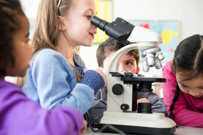 Czworo dzieci przeprowadza eksperyment naukowy, używając mikroskopu do obserwacji