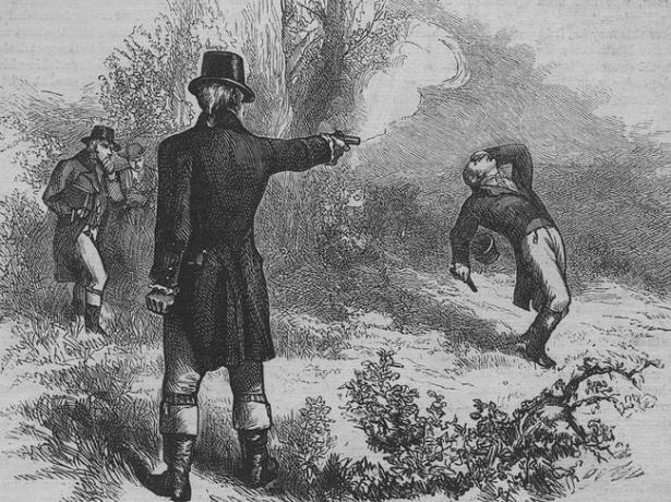 Wiceprezydent Aaron Burr zabija byłego sekretarza skarbu Alexandra Hamiltona w pojedynku 11 lipca 1804 r.