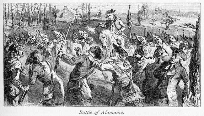 Siły milicji gubernatora Tryona strzelają do Regulatorów podczas Bitwy o Alamance, ostatniej bitwy Wojny o Regulacje.