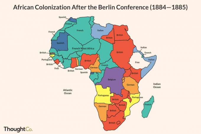 Mapa przedstawiająca kolonizację Afryki po konferencji berlińskiej